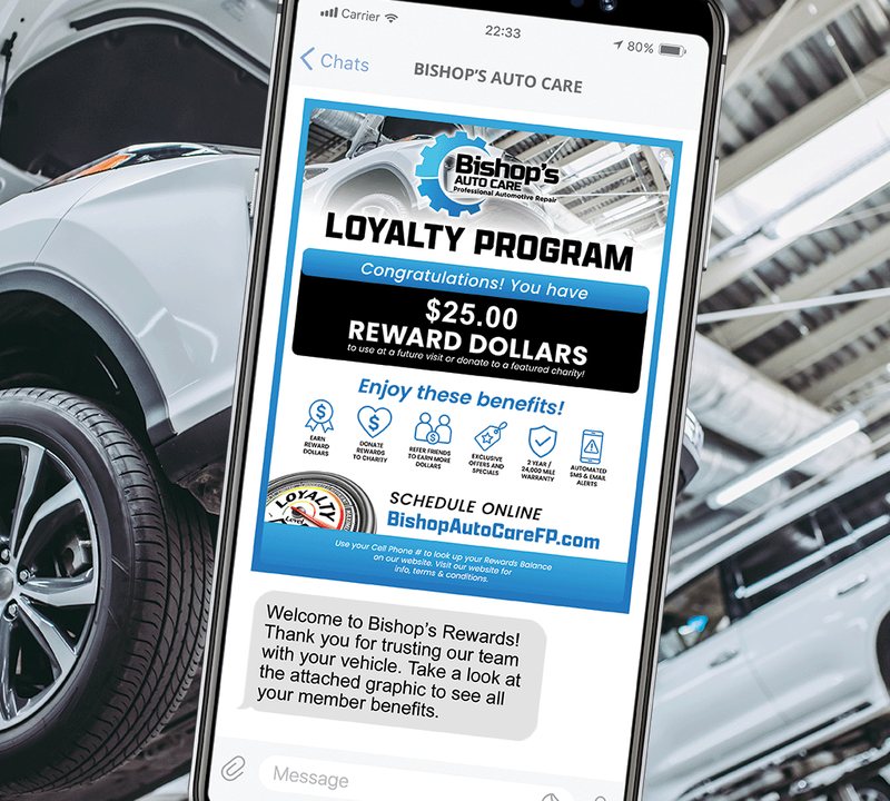 A Bishop's Loyalty Rewards text message showing a Rewards balance and member benefits
